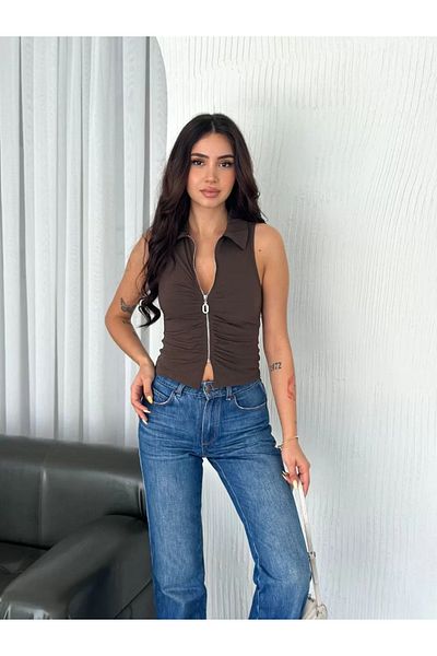SuQ Collared Full Zipper Tank Top - Brown