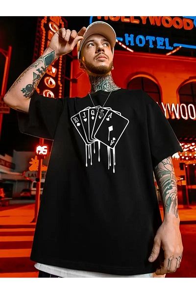 SuQ Men's Plus Size Card Printed Solid Color Short Sleeve Crew Neck T-Shirt Casual Wear - Black