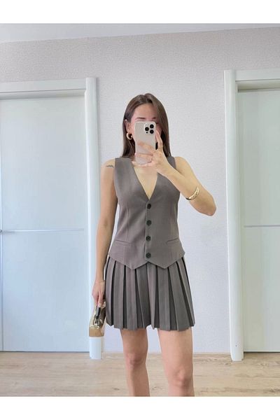 SuQ Linen Suit Look Mini Dress with Button Detail Vest - Smoked