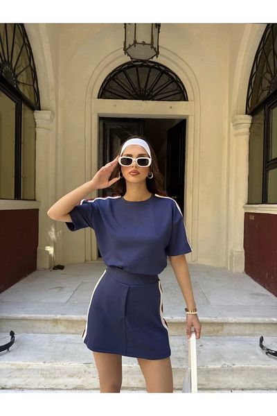 SuQ Osy Modal Soft Texture Fabric Women's Split Crew Neck T-Shirt Skirt with Mini Shorts Set of Two -Lac