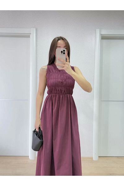 SuQ Sleeveless Chest Elastic 100% Poplin Long Dress - Burgundy