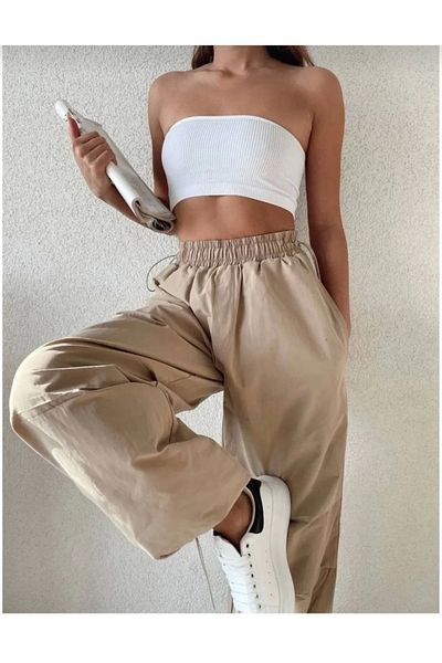 SuQ Women's Parachute Pants with Pockets - Beige