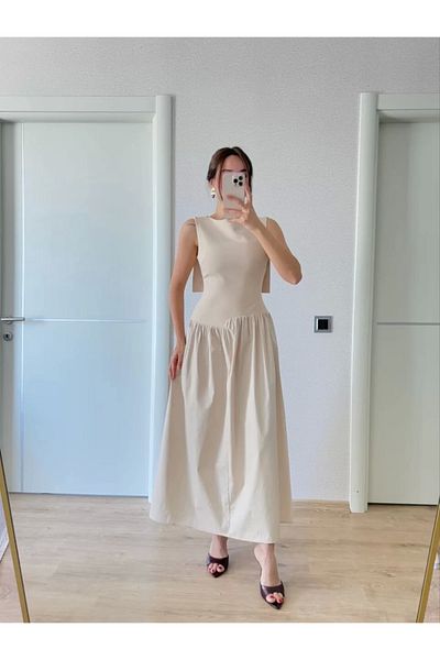 SuQ Crepe Back Wing Back Front Long Women's Dress with Pens Detail - Beige