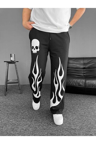 SuQ Two Thread Fabric Printed Elastic Waist Pipe Leg Baggy Bottom Tracksuit - Black