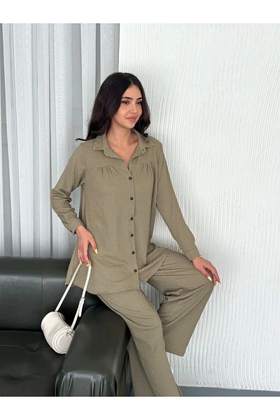 SuQ Collared Buttoned Long Sleeve Shirt Trousers Double Set - Beige