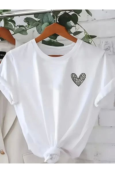 SuQ Stylish Leopard Heart Print Casual T-Shirt for Women - Plus Size, Machine Washable, Valentine's