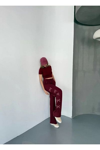 1001moda Pantaloni de trening confortabili cu picior larg, brodați, din material textil moale Osy Modal - Roșu Claret