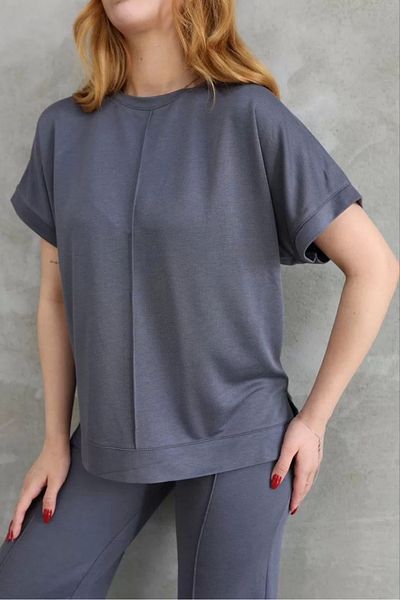 SuQ Osy Modal Soft Textured Fabric Crew Neck Short Sleeve Set - Smoked
