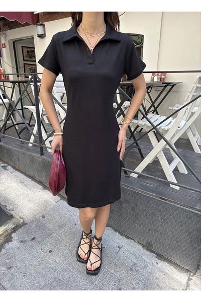 SuQ Osy Modal Soft Textured Fabric Collar Short Sleeve Dress - Black