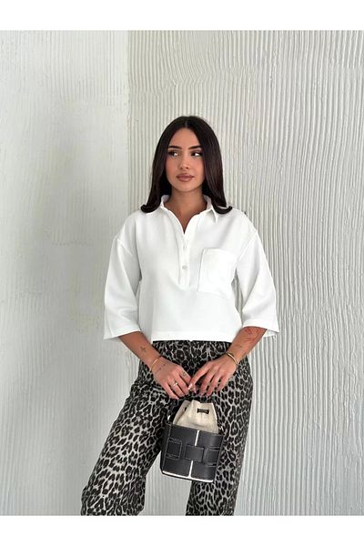 SuQ Z crepe women's crop collared shirt with buttoned three quarter sleeve - white