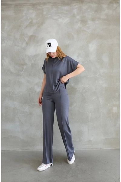 SuQ Osy Modal Soft Textured Fabric Crew Neck Short Sleeve Set - Smoked
