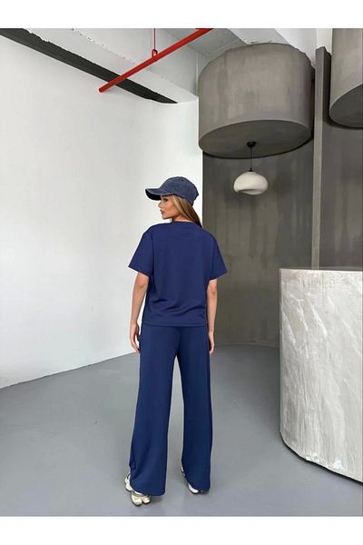 SuQ Osy Modal Soft Textured Fabric Short Sleeve Blouse Comfortable Pantalon Double Set - Navy Blue