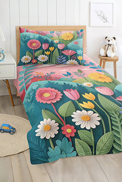 Realhomes مجموعة غطاء سرير بيكيه لغرفة الأطفال والمراهقين ملونة بنمط زهور