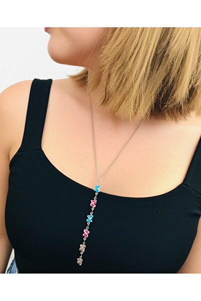 KANERUZ قلادة على شكل حرف Y من حجر الكريستال الفضي اللون