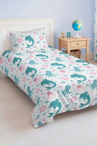 Realhomes مجموعة غطاء سرير بيكيه لغرفة الأطفال والمراهقين بنمط مخلوقات البحر