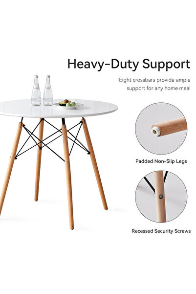 Generic طاولة طعام دائرية 80x80x75 - طاولة قهوة بلاستيكية بأرجل خشبية - بيضاء