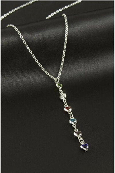 KANERUZ Silver Color Heart Crystal Stone Y Necklace