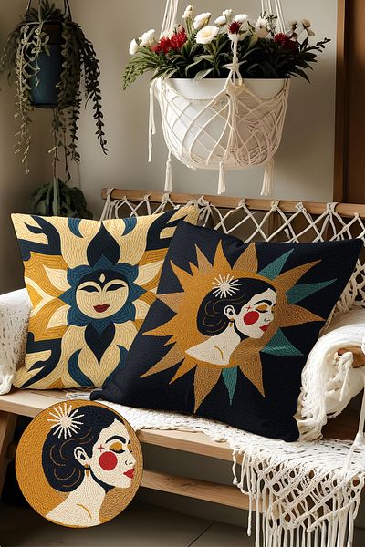 Belle Benoit Set de 2 huse de pernă decorative cu model de broderie, imprimare pe două fețe – stil boem, cu fermoar