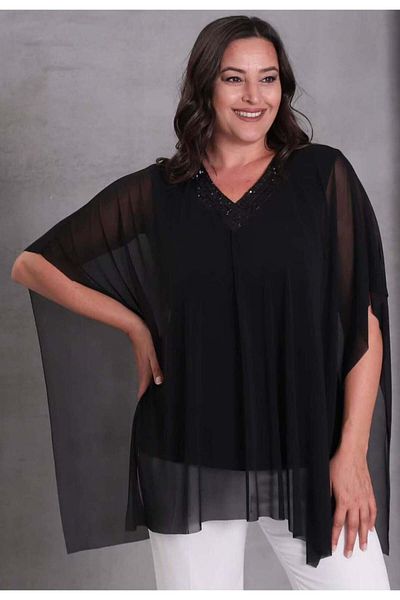 FOR ESRA BIG TREND Women's Plus Size V Neck Sequin Inner Sleeveless Tank Top Tulle Open Sides Blouse