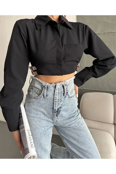 Işıltı kidss Crop Shirt with Belt Detail on the Side Black S4009