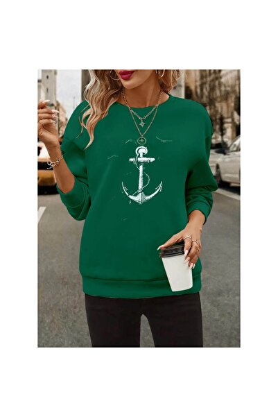 Melek Moda Women's Long Sleeve Crew Neck Print Viscose Two Thread Blouse