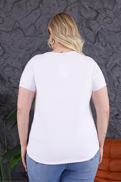 FOR ESRA BIG TREND Women's Plus Size V-Neck Shoulder Flower Embroidery Sleeve Detailed Stretchy Viscose T-Shirt