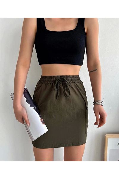ufukmoda Cargo Pocket Slim Parachute Skirt Khaki S241019