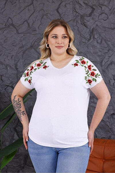 FOR ESRA BIG TREND Women's Plus Size V-Neck Shoulder Flower Embroidery Sleeve Detailed Stretchy Viscose T-Shirt