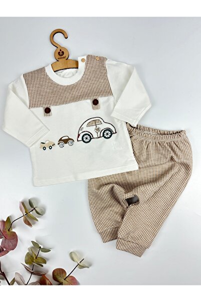 BEBERAZZİ Car Themed Beige Baby Boy Double Set