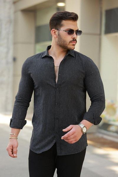 modamtn Men's Line Patterned Long Sleeve Cotton Linen Shirt