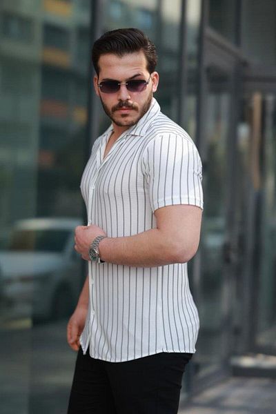 modamtn Men's Short Sleeve Gray Line Pattern Knitted Fabric Cotton Shirt