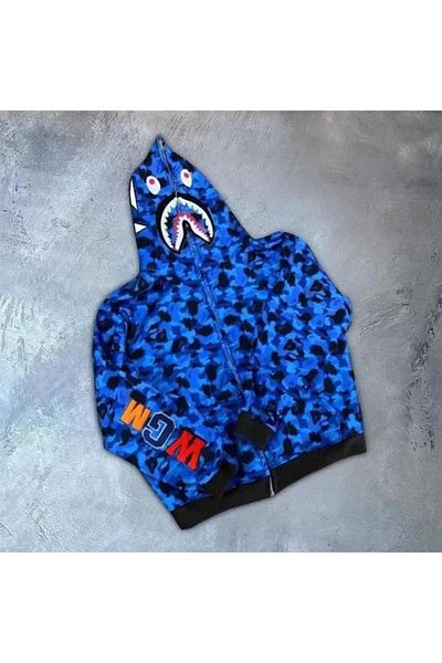 modamtn    Men's 2 Thread Bape Hooded Zippered Cardigan - Blue