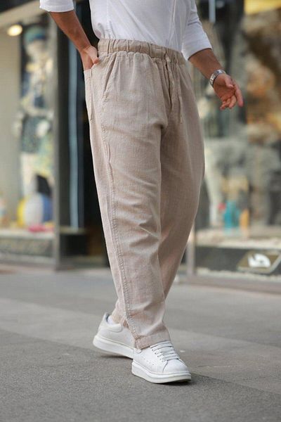 novafems Men's Elastic Waist Linen Casual Pants