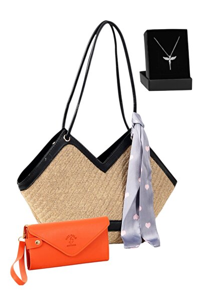 Givenza حقيبة كتف نسائية من القش + محفظة + قلادة مجموعة مكونة من 3 قطع – تصمي...