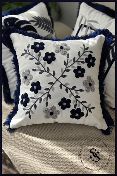 SasoHome Husă de pernă din in, cu model de broderie cu pumn de flori de frumusețe