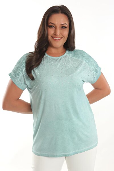 Trend42plus Plus Size Mint Stone Printed Shoulder Lace Detailed Tie Dye Washed Blouse