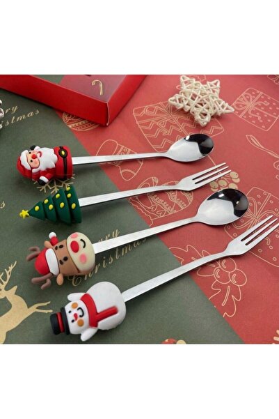 bzstore Set 4 Cutlery, with Christmas Figures, Stainless Steel, 2 Forks, 2 Spoons, Festive Box, 13.5