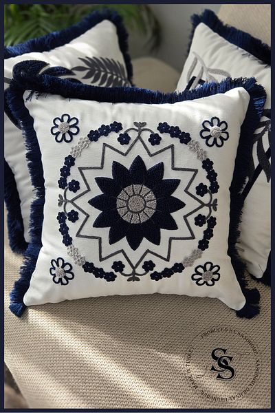 SasoHome Husă de pernă din in, cu model de broderie cu pumn de flori de frumusețe