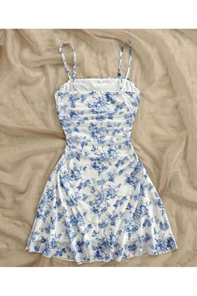 Pelin Boutique Askılı Mini Elbise Mavi Çiçek Desenli