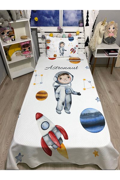 yok yok evim eve dair her şey Astronaut Patterned Single Bedspread and Pillowcase Set