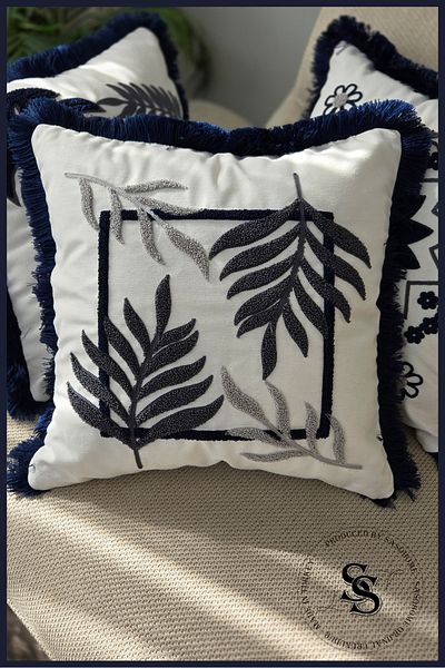SasoHome Husă de pernă din in, cu model de broderie cu pumn de flori de frumusețe