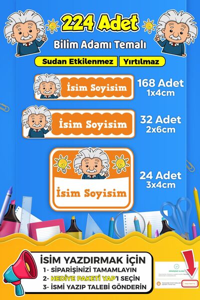 SB store Bilim Adamı Temalı Okul Kreş Kişiye Özel isim Etiket Seti - Model 603