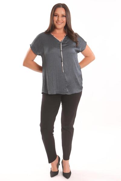 Trend42plus Plus Size Petrol Green Satin Blouse with Crashing and Chain Detail