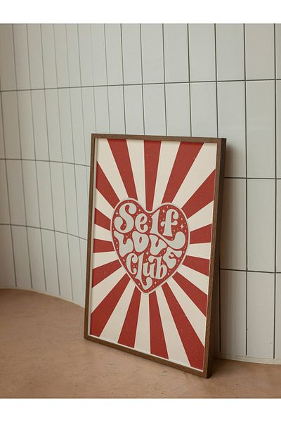 studio duha Self Love Club Retro Poster - Retro Vintage Look Frameless Painting with Red Heart Design