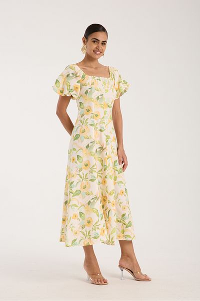 FEMMESTUDIO Women's Ecru Floral Patterned Balloon Sleeve Dress
