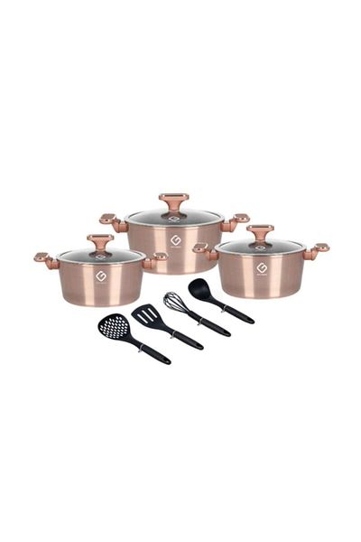 OEM Set 2 x 3 oale din aluminiu cu capace de sticlă și 4 tacâmuri, auriu, compatibil cu inducția, Grunberg