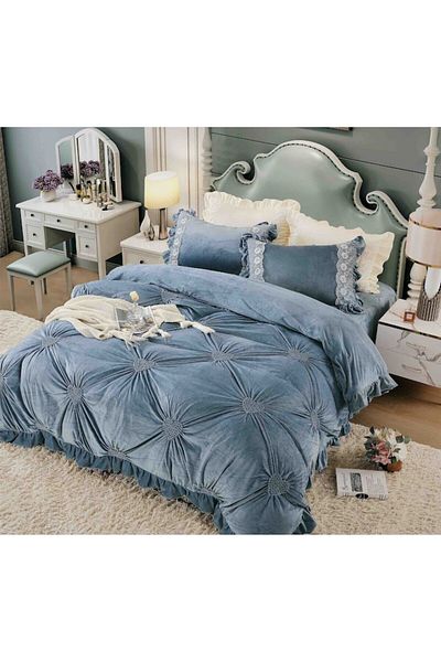 OEM Lenjerie de pat, JO-JO, 4 piese, catifea, inimioare brodate, Albastru, 230x250cm, 200x230cm, 50x70cm