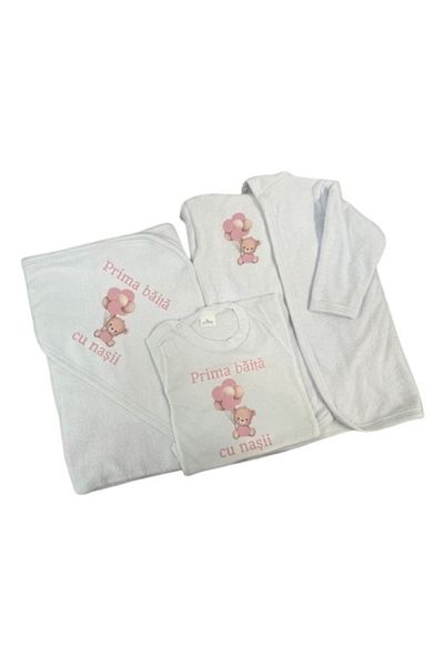 OEM Set pentru prima baita cu nasii 3-6 luni, Halat, Prosop si body, Alb-Roz