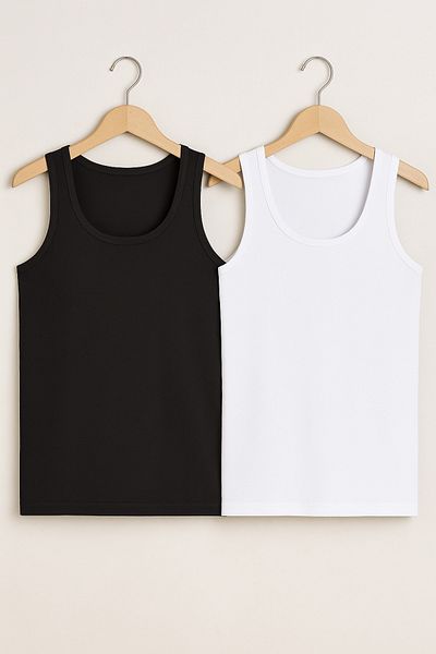 QKK Men's 50% Cotton-50% Modal Classic White&Black 2-Piece Undershirt Q2Ik1L1Kk2E.2-Piece
