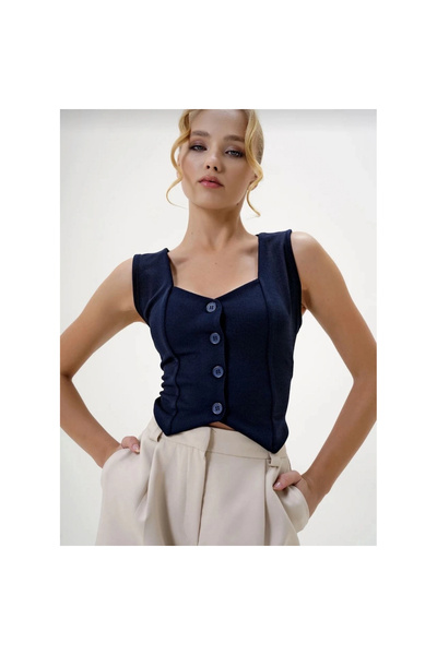 meSga butik Smk Shop Crepe Fabric Button Vest Navy Blue S3395